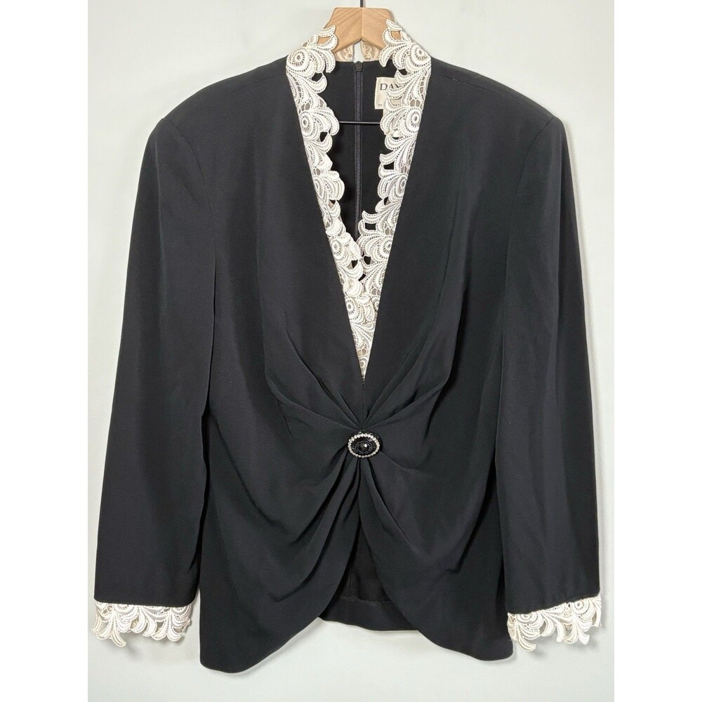 DAYMOR Couture Evening Blouse Zipper Black Broche Front lace Vintage 80s 90s